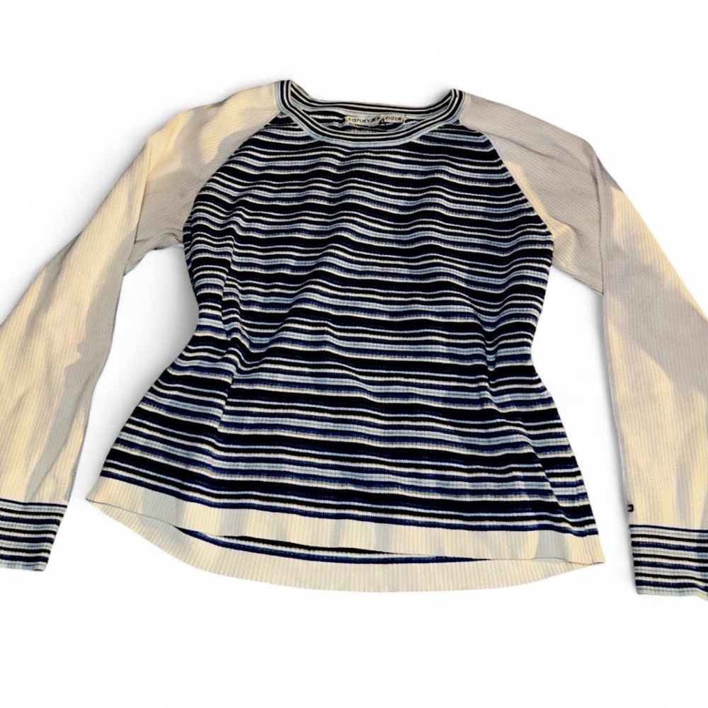 Tommy Hilfiger Navy and White Striped Long Sleeve Tee